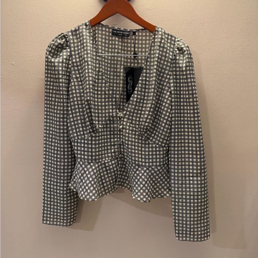 The Fifth Label Grid Check Peplum Top V-Neck Puff Sleeve Black White US 8 L